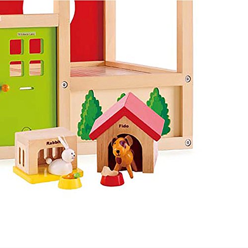 Family Pets Wooden Dollhouse Animal Set by Hape | Complete Your Wooden Dolls House with Happy Dog, Cat, Bunny Pet Set with Complimentary Houses and Food Bowls