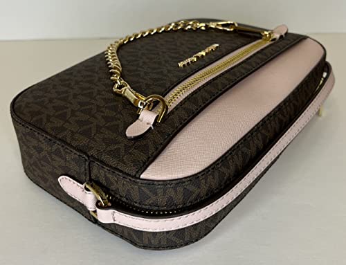 Michael Kors Jet Set Large Chain Crossbody Bag bundled with with SM TZ Coinpouch Wallet and Purse Hook (Signature MK Brown/Powder Blush)