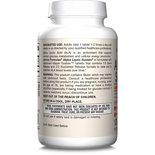 Jarrow Formulas Alpha Lipoic Sustain 300 mg - Antioxidant + Biotin - Glucose Metabolism and Energy Production Support - Releases ALA Over Longer Period - Up to 120 Servings (PACKAGING MAY VARY)