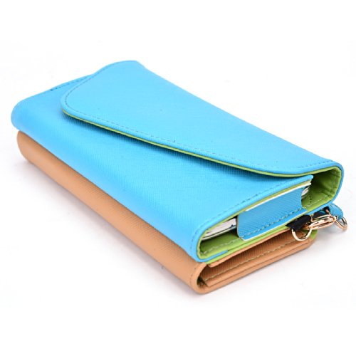Kroo Clutch Wallet with Wristlet and Crossbody Strap for Smartphones or Phablets up to 5.7 Inch - Carrying Case - Frustration-Free Packaging - Light Blue and Brown