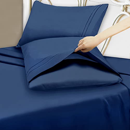 Mejoroom Queen Size Sheet Set - Hotel Luxury 1800 Bedding Sheets and Pillowcases - Deep Pocket Fitted Sheet, Hypoallergenic, Wrinkleand Breathable, Fade Resistant - 4 Piece (Queen, Navy)