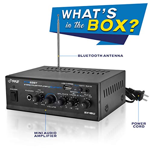 Pyle Bluetooth Mini Blue Series Home Audio Amplifier - Compact Desktop Home Theater-Stereo Amplifier Receiver with USB Charge Port - Pager and Mixer Karaoke Modes - Mic Input (40 Watt x 2) - PTA22BT