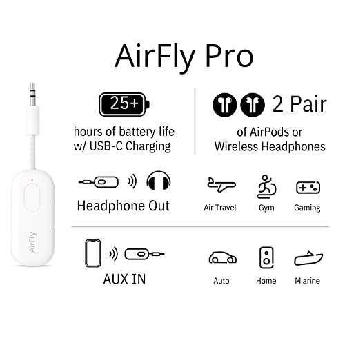 Twelve South AirFly Pro Bluetooth Wireless Audio Transmitter/ Receiver for up to 2 AirPods /Wireless Headphones; Use with any 3.5 mm Audio Jack on Airplanes, Gym Equipment, TVs, iPad/Tablets and Auto