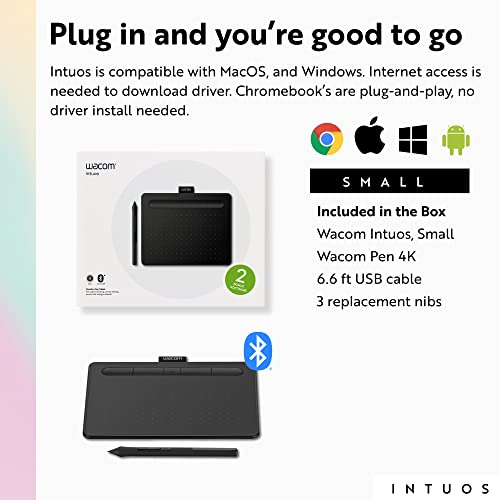 Wacom Intuos Small Bluetooth Graphics Drawing Tablet, 4 Customizable ExpressKeys, Portable for Teachers, Students and Creators, Compatible with Chromebook Mac OS Android and Windows - Black