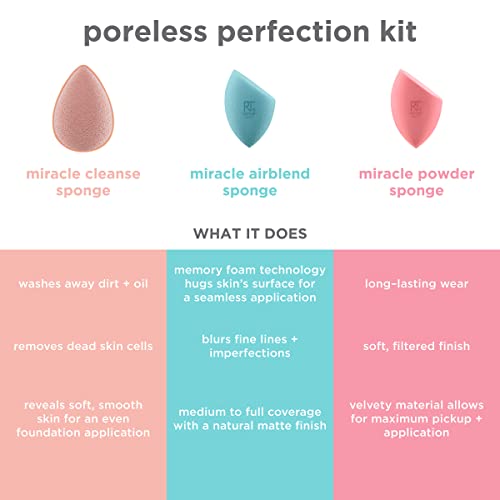 Real Techniques Sponge+ Beauty Makeup Blenders, Poreless Perfection Kit, for Facial Cleanser, Foundation, and Setting Powder, Probiotic Infused, For Natural and Matte Finish, 3 Piece Kit