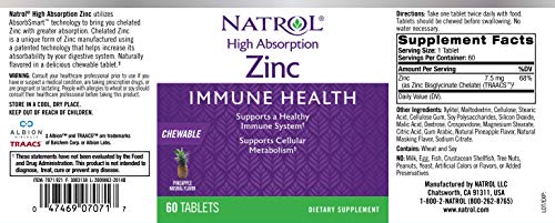Natrol High Absorption Zinc, Supports Immune Health and Cellular Metabolism with AbsorbSmart™ Technology, Pineapple Flavor, Chewable Tablets, 60 Count