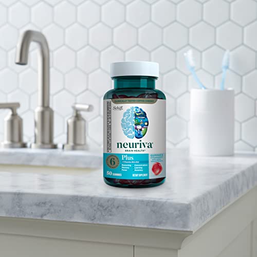 NEURIVA Plus Brain Supplement for Memory,Focus and Concentration+Cognitive Function with Vitamins B6 and B12 and Clinically Tested Nootropics Phosphatidylserine and Neurofactor,50ct Strawberry Gummies