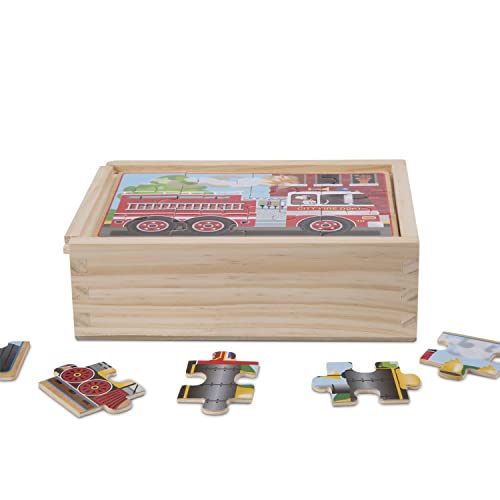 Melissa and Doug Vehicles 4-in-1 Wooden Jigsaw Puzzles in a Storage Box (48 pcs) - Toddler , Fire Truck Puzzles For Kids Ages 3+ - FSC-Certified Materials