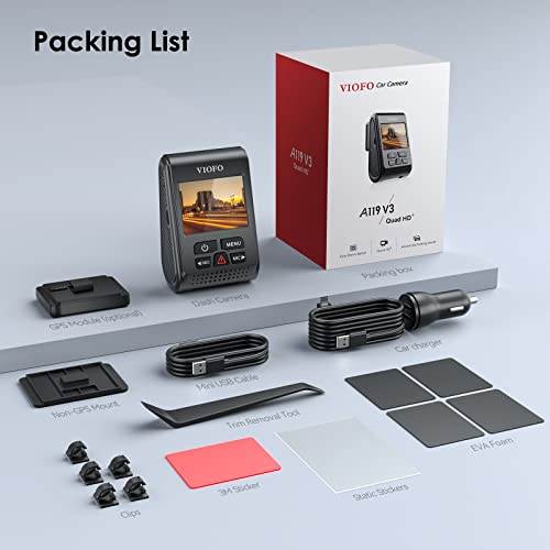 VIOFO A119 V3 1440P 60fps Dash Cam with GPS, Enhanced Super Night Vision with True HDR and Starvis Sensor, Car Dash Camera 140° Wide Angle, 2.0‘’ LCD, Smart Parking Mode 24H