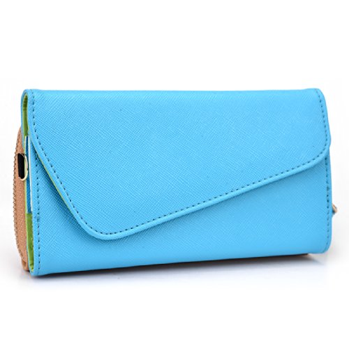 Kroo Clutch Wallet with Wristlet and Crossbody Strap for Smartphones or Phablets up to 5.7 Inch - Carrying Case - Frustration-Free Packaging - Light Blue and Brown