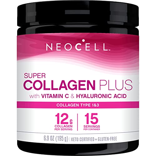 NeoCell Super Collagen Powder, Collagen Plus includes Vitamin C and Hyaluronic Acid, Promotes Healthy Hair, Beautiful Skin, and Nail Support, Collagen Type 1 and 3, 12g Collagen Peptdes per Serving, 6.9 Oz