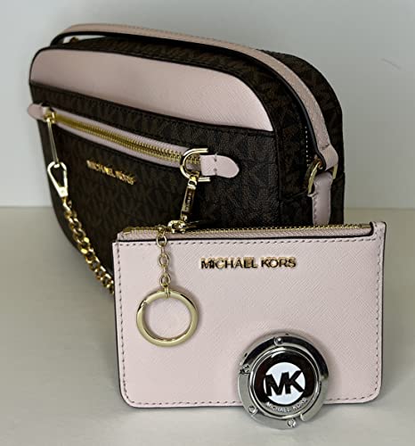 Michael Kors Jet Set Large Chain Crossbody Bag bundled with with SM TZ Coinpouch Wallet and Purse Hook (Signature MK Brown/Powder Blush)