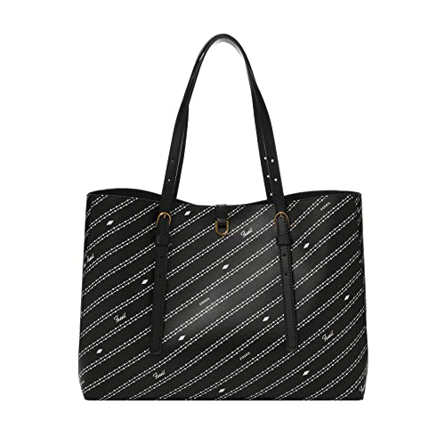 Fossil Women's Kier Vegan Leather Tote Bag Purse Handbag, Black/Bone Signature Print (Model: ZB1701104)