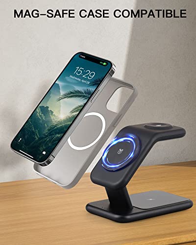3-in-1 MagSafe Charger Stand, 18W Fast Magnetic Charger for iPhone 14, 13 and 12 Series - Apple Watch and AirPods, Wireless Charging Station for Multiple Devices with Adapter and LED