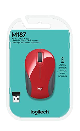 Logitech Wireless Mini Mouse M187 Ultra Portable, 1000 DPI Optical Tracking, 3-Buttons, PC/Mac/Laptop - Red