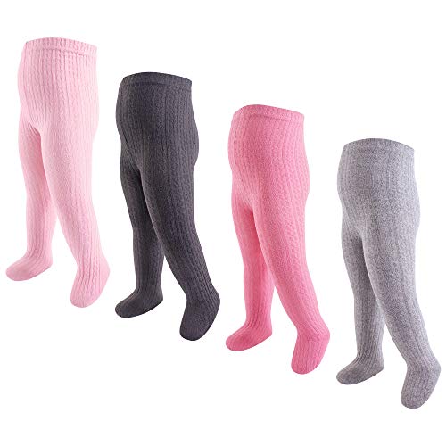 Hudson Baby Infant and Toddler Girl Cotton Rich Tights Coral Charcoal Cableknit, 0-9 Months