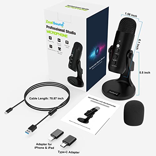 ZealSound USB Microphone,Condenser Computer PC Mic,PlugandPlay Gaming Microphones for PS 4and5.Headphone OutputandVolume Control,Mic Gain Control,Mute Button for Vocal,YouTube Podcast on MacandWindows(Black)