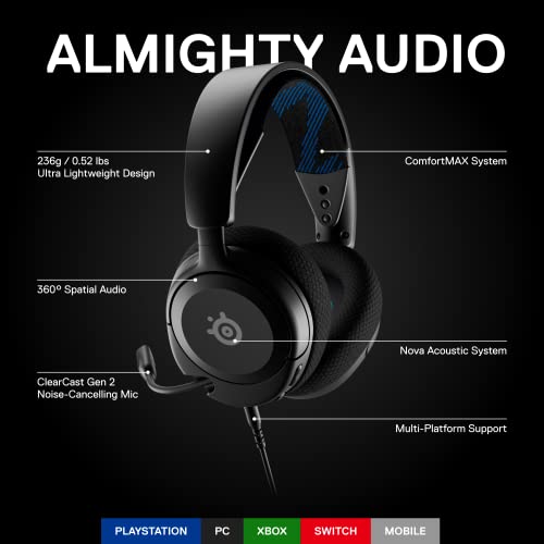 SteelSeries New Arctis Nova 1P Multi-System Gaming Headset — Hi-Fi Drivers — 360° Spatial Audio — Comfort Design — Durable — Lightweight — Noise-Cancelling Mic — PS5/PS4, PC, Xbox, Switch - Black