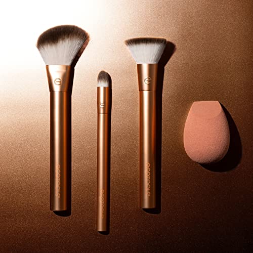 EcoTools Precious Metals Face Blend and Sculpt Set, Makeup Brush Kit, Foundation Brush, Ecofriendly Makeup Brush Kit, Recycled Aluminum, Chrome, Precision, 4 Piece Set