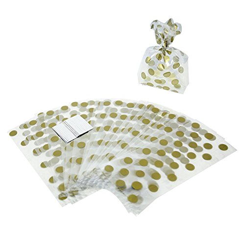 Polka Dot Cellophane Bags - 11' x 5', Gold, 20 Pcs