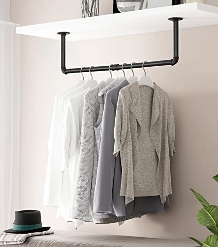 OROPY Industrial Pipe Clothes Rack 38.4', Heavy Duty Detachable Wall Mounted Black Iron Garment Bar, Multi-purpose Hanging Rod for Closet Storage, Black (Two Base)