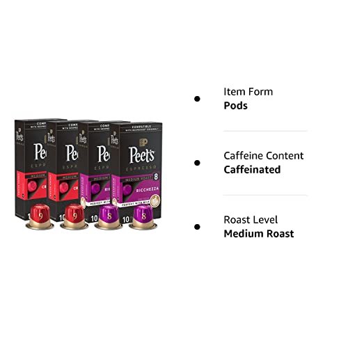 Peet's Coffee, Medium Roast Espresso Coffee Pods Variety Pack, Compatible with Nespresso Original Machine, Intensity 8-9, 40 Count (4 Boxes of 10 Espresso Capsules)
