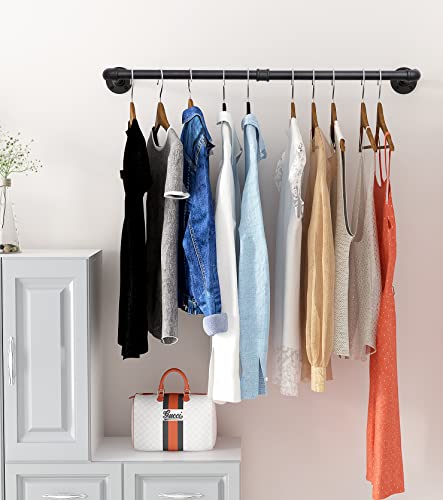 OROPY Industrial Pipe Clothes Rack 38.4', Heavy Duty Detachable Wall Mounted Black Iron Garment Bar, Multi-purpose Hanging Rod for Closet Storage, Black (Two Base)
