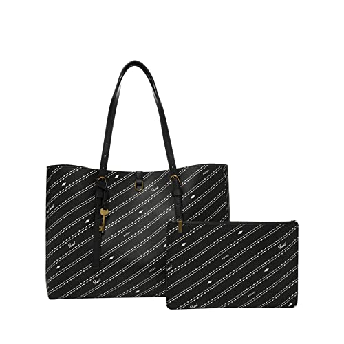 Fossil Women's Kier Vegan Leather Tote Bag Purse Handbag, Black/Bone Signature Print (Model: ZB1701104)