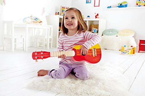 Hape Kid's Wooden Toy Ukulele in Red, L: 21.9, W: 8.1, H: 3 inch