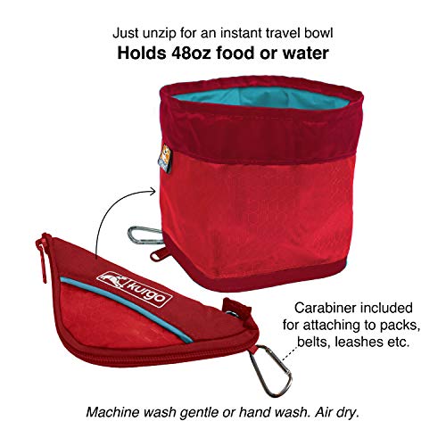 Kurgo Zippy Bowl, Collapsible Travel Dog Bowl, Pet Food and Hiking Water Bowl, Machine Washable Bowl for Dogs, Travel Accessories for Pets, BPA Free, Carabiner,Red
