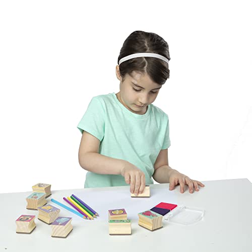 Melissa and Doug Disney Princess Wooden Stamp Set: 9 Stamps, 5 Colored Pencils, and 2-Color Stamp Pad - Disney Princess Coloring, Stamps With Washable Ink, Disney Stamps For Kids Ages 4+