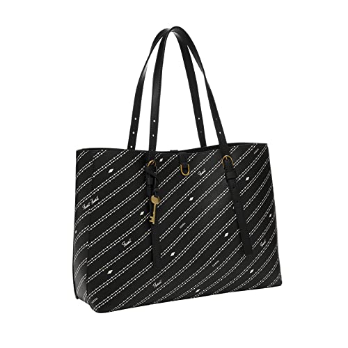 Fossil Women's Kier Vegan Leather Tote Bag Purse Handbag, Black/Bone Signature Print (Model: ZB1701104)