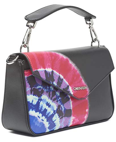 Calvin Klein Statement Series Lock Daytonna Leather Flap Convertible Shoulder Bag and Crossbody, Black Multi Print