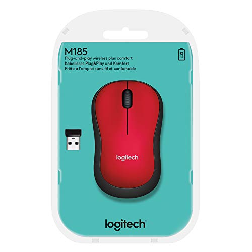 Logitech M185 Wireless Mouse, 2.4GHz with USB Mini Receiver, 12-Month Battery Life, 1000 DPI Optical Tracking, Ambidextrous, Compatible with PC, Mac, Laptop - Red