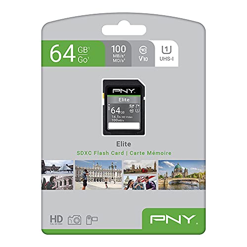 PNY 64GB Elite Class 10 U1 V10 SDXC Flash Memory Card - 100MB/s, Class 10, U1, V10, Full HD, UHS-I, Full Size SD
