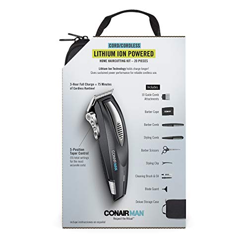 ConairMAN Hair Clippers for Men, 20-Piece Home Hair Cutting Kit with Lithium Ion Powered Cordless Clipper