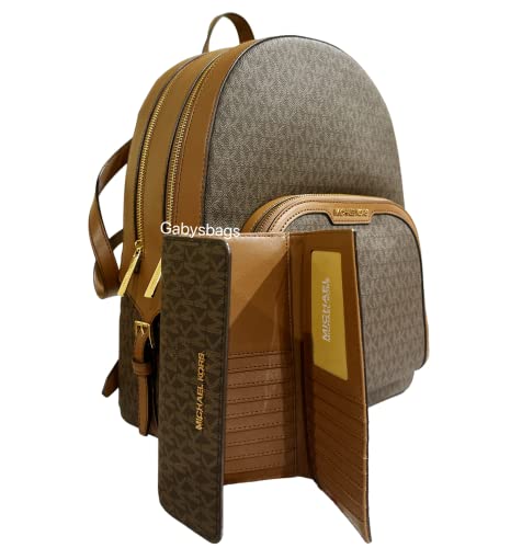 Michael Kors Jaycee Large Backpack School Bag Bundled with Michael Kors Jet Set Travel Large Trifold Wallet MK Signature (Brown MK)