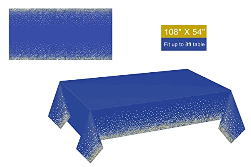 Gexolenu 2 Pack Premium Blue and Gold Disposable Plastic Tablecloth for Rectangle Tables(54' x 108'), Disposable Waterproof Table Cover for Birthday, Graduation, Gold Table Cloths Party Supplies