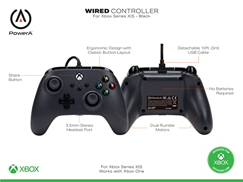 PowerA Wired Controller for Xbox Series X|S - Black, gamepad, video game controller, gaming controller, works with Xbox One and Windows 10/11
