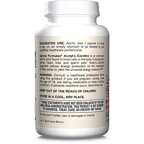 Jarrow Formulas Acetyl L-Carnitine 500 mg - Antioxidant Protection for The Brain - Supports Energy Production and Metabolism - Heart and Cardiovascular Health - 60 Veggie Capsules (Packaging May Vary)