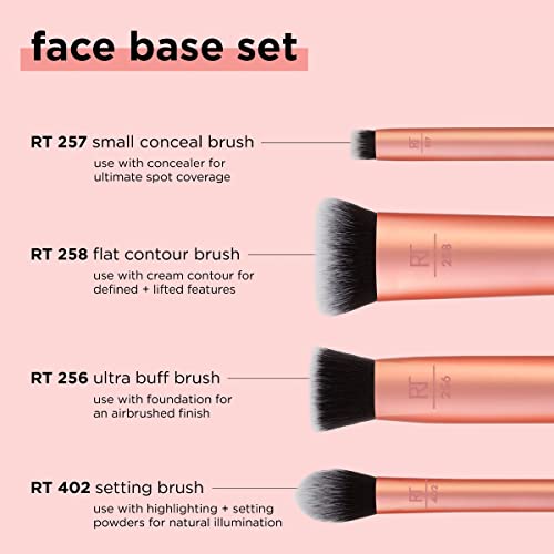 Real Techniques Face Base Makeup Brush Kit, For Concealer, Foundation, and Contour, Works With Liquid, Cream and Powder Products, Staples For Blending and Buffing, 4 Piece Set