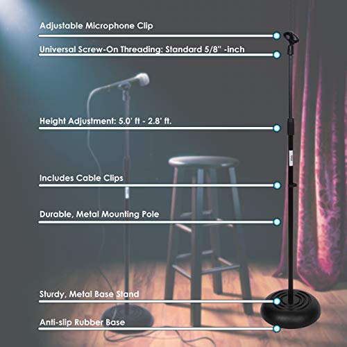 PYLE-PRO Microphone Stand - Universal Mic Mount with Heavy Compact Base, Height Adjustable (2.8’ - 5’ ft.) - PMKS5