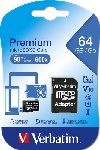 Verbatim 64GB Premium MicroSDXC Memory Card with Adapter, UHS-I V10 U1 Class 10 (44084)