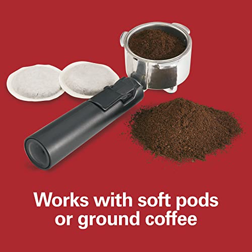 Hamilton Beach 15 Bar Espresso Machine, Cappuccino, Mocha, and Latte Maker, with Milk Frother, Make 2 Cups Simultaneously, Works with Pods or Ground Coffee, 50 oz. Water Reservoir, Black