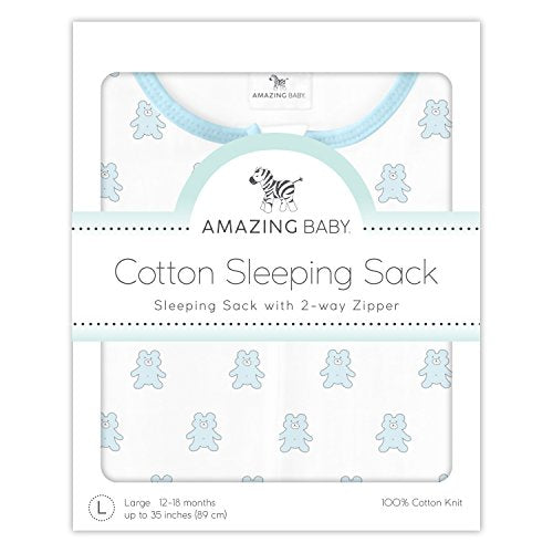 Amazing Baby Cotton Sleeping Sack, Wearable Blanket with 2-way Zipper, Pastel Blue Tiny Bears, Small (0-6 mo)