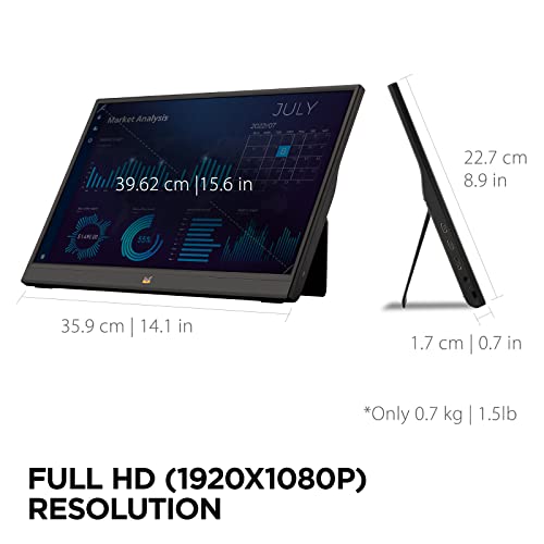 ViewSonic VA1655 15.6 Inch 1080p Portable IPS Monitor with Mobile Ergonomics, USB C, Mini HDMI and a Protective Case for Home and Office