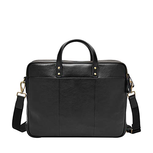 Fossil Men's Haskell Leather Double Zip Briefcase Messenger Device Bag, Black , (Model: MBG9342001)