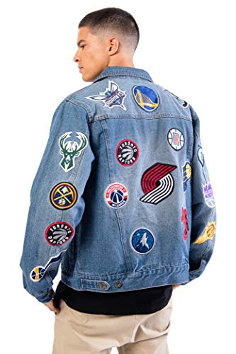 Ultra Game NBA Multi Team Mens Distressed Patch Jean Jacket, Denim, Medium