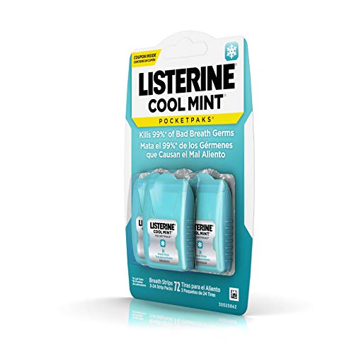 Listerine Cool Mint PocketPaks Portable Breath Strips for Bad Breath, Fresh Breath Strips Dissolve Instantly to Kill 99% of Bad Breath Germs* On-the-Go, Cool Mint, 24-Strip Pack, 3 Pack