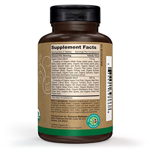 Pomona Wellness Super Greens Supplement, Full Of Superfood Vitamins and Minerals, Fruits and Vegetable, Greens Powder for Bloating and Digestion, Gut Health, USDA Organic, Non-GMO, 120 Tablets